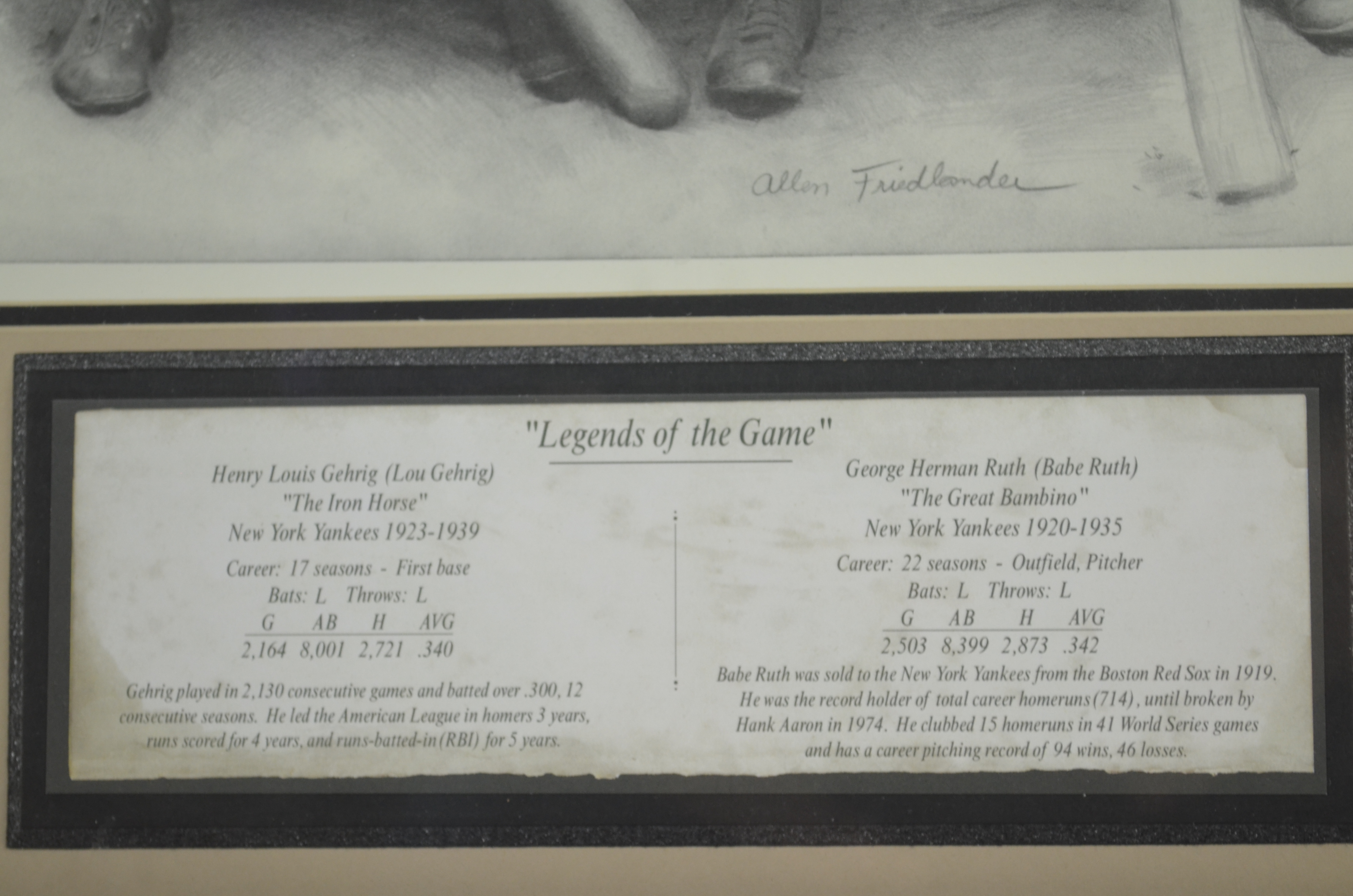 Yankee Legends Babe Ruth & Lou Gherig Laser Engraved Signature Framed