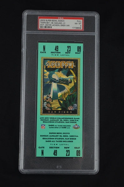 Super Bowl XXXVII 2003 Full Ticket PSA 8 Green