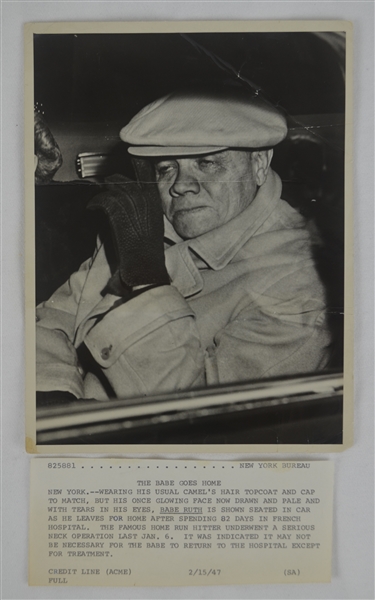 Babe Ruth Original Wire Photo Dated February 15th 1947