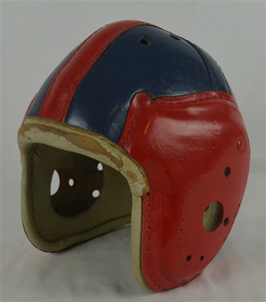 Vintage c. 1930s-1940s Red & Blue Leather Football Helmet w/Heavy Use