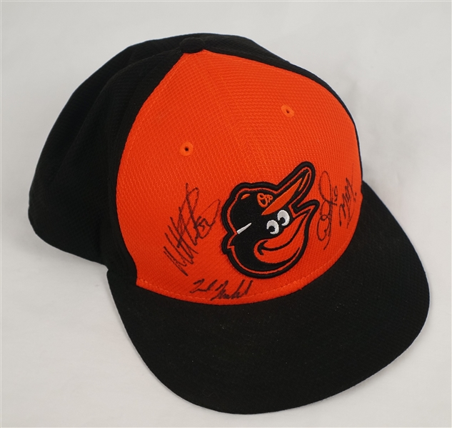 Adam Jones Baltimore Orioles Game Used BP Hat w/4 Signatures & Dave Miedema/JSA LOA