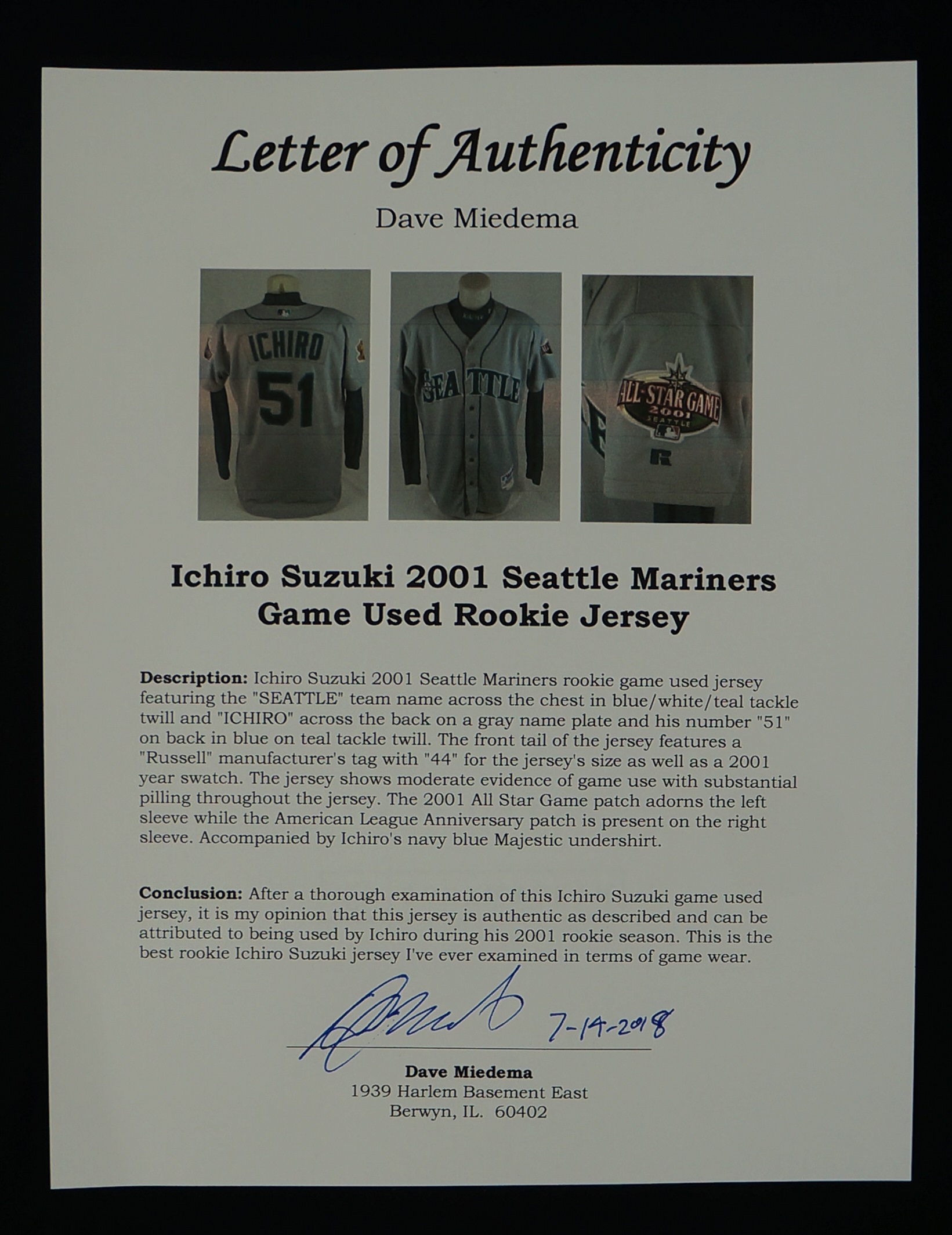 2009 Ichiro Suzuki Game Used Seattle Mariners Jersey COA 100% Authentic &  Miedema LOA - Memorabilia Expert