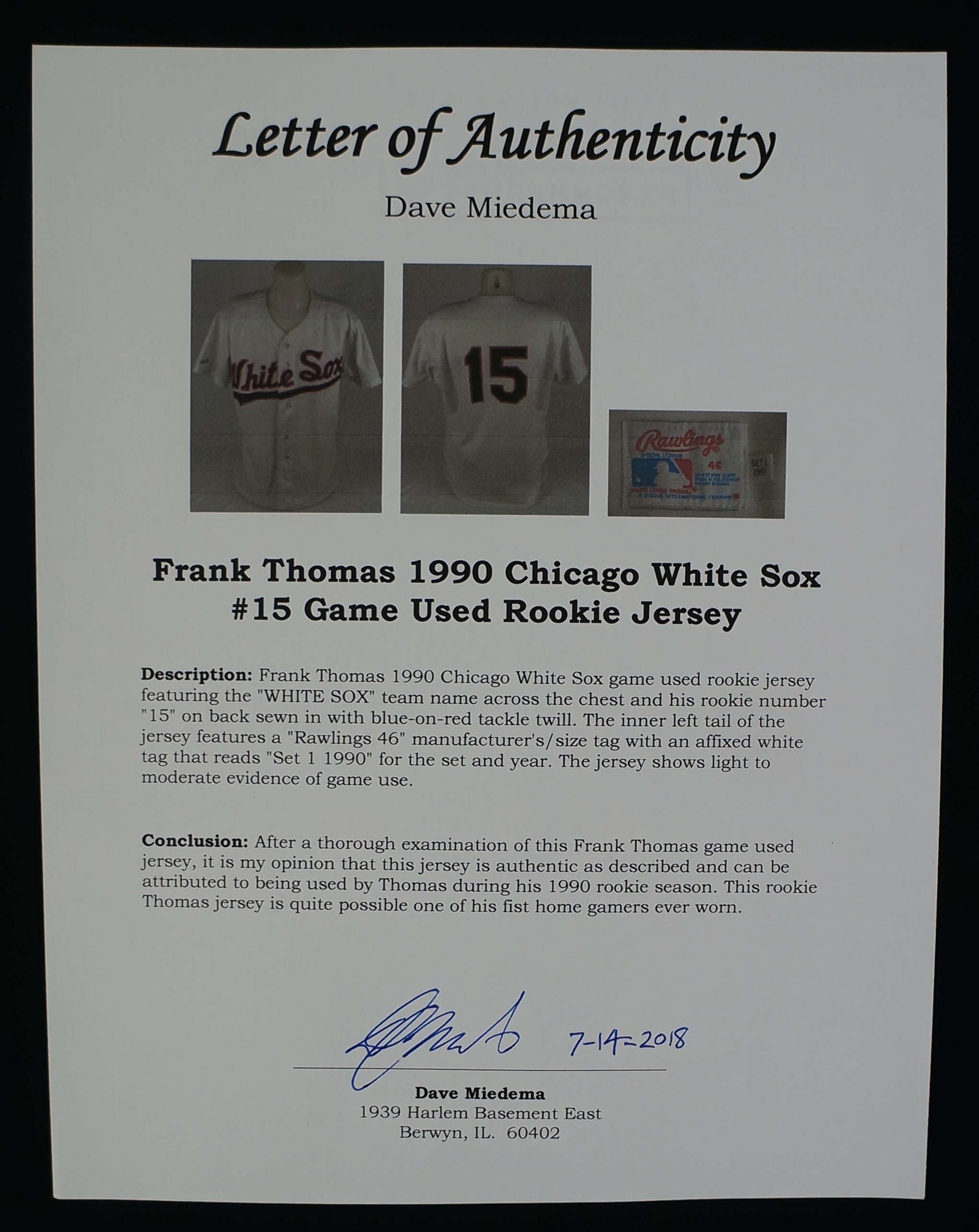 Frank Thomas Chicago White Sox Game Worn Signed Size 52 Baseball