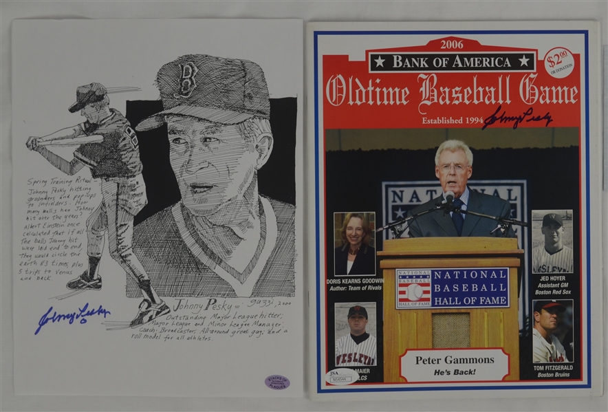 Johnny Pesky Autographed 2006 Old Time Baseball Game Program & 8x10 Ink Sketch Lithograph 