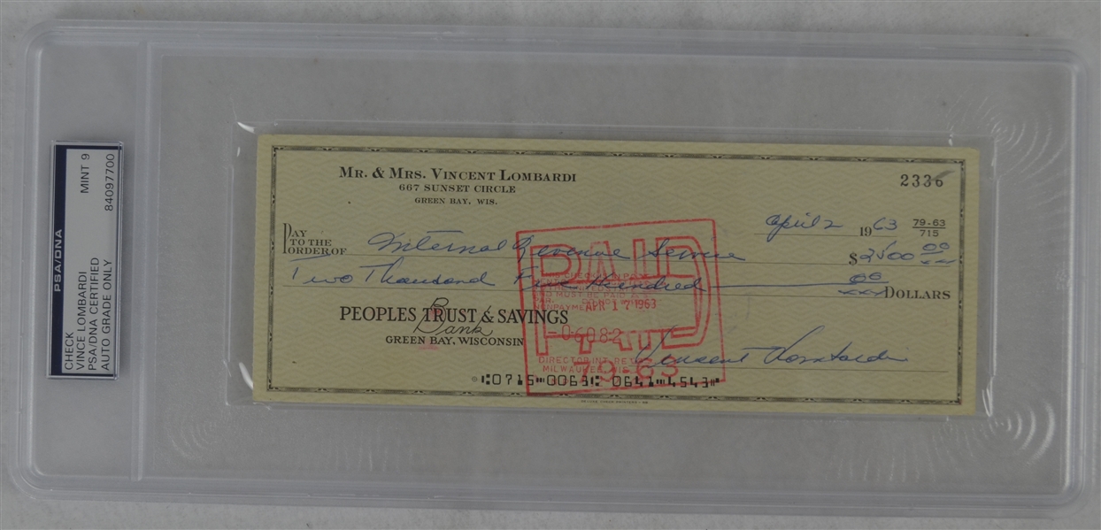Vince Lombardi Signed Personal Check #2336 PSA/DNA 9 Mint