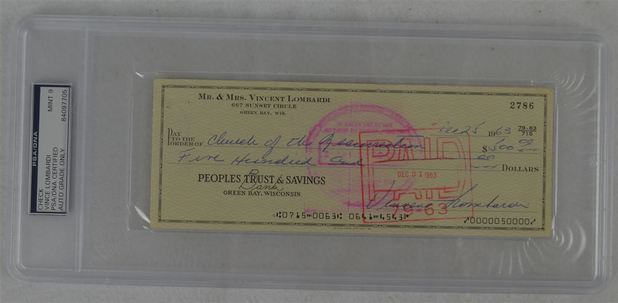 Vince Lombardi Signed Personal Check #2786 PSA/DNA 9 Mint