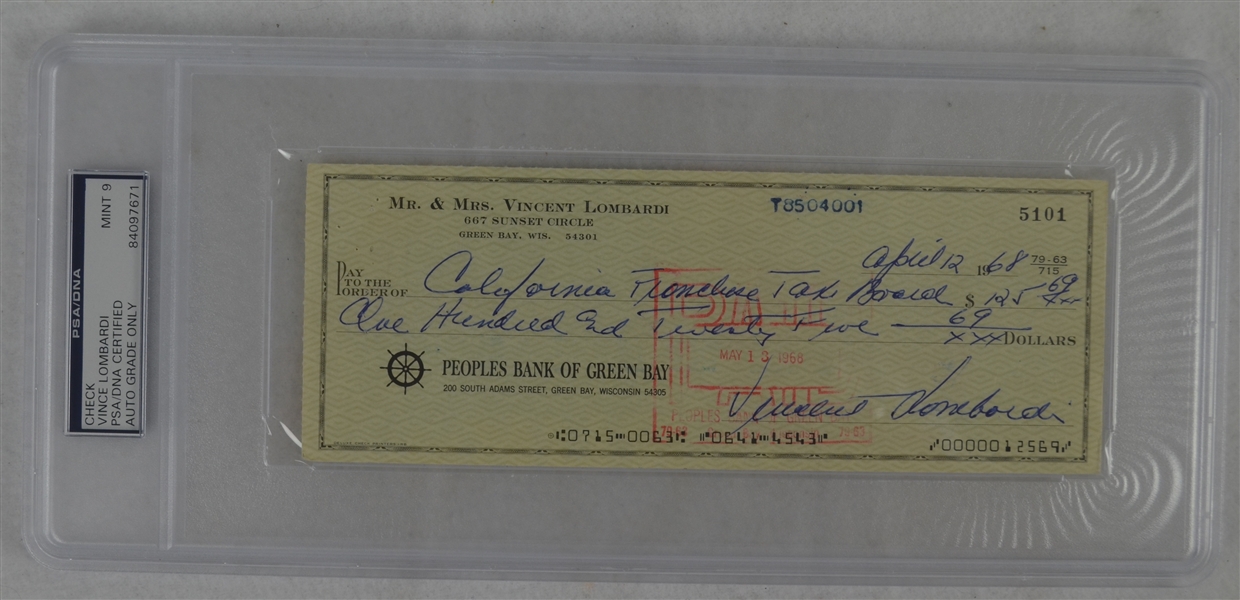 Vince Lombardi Signed Personal Check #5101 PSA/DNA 9 Mint