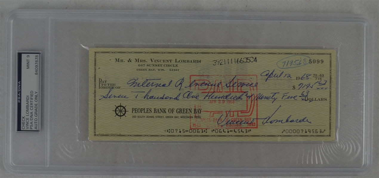 Vince Lombardi Signed Personal Check #5099 PSA/DNA 9 Mint