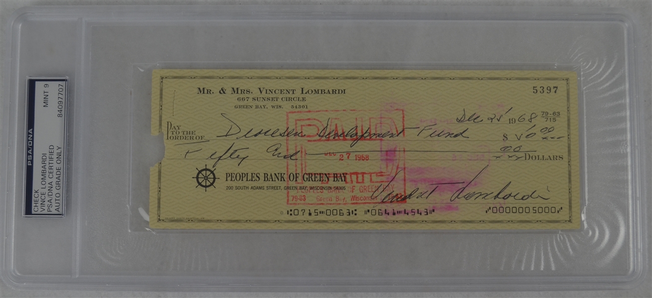 Vince Lombardi Signed Personal Check #5397 PSA/DNA 9 Mint