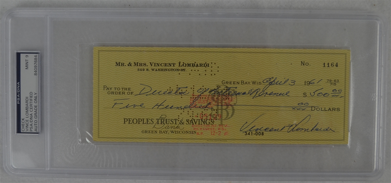 Vince Lombardi Signed Personal Check #1164 PSA/DNA 9 Mint