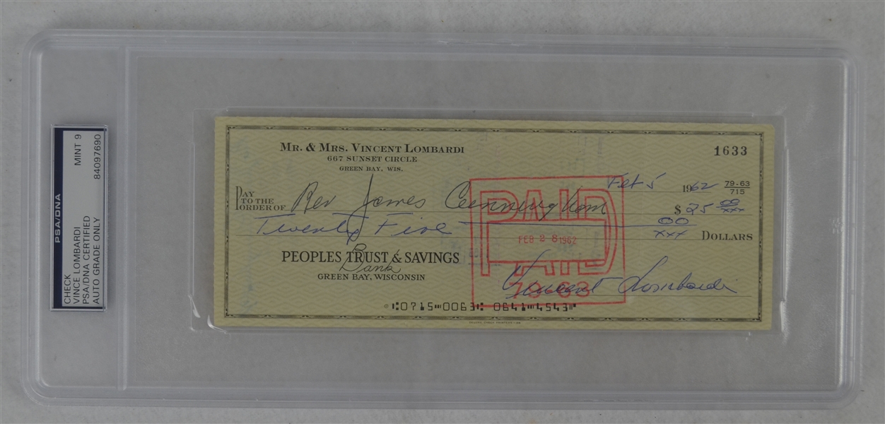 Vince Lombardi Signed Personal Check #1633 PSA/DNA 9 Mint 