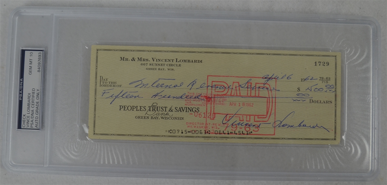 Vince Lombardi Signed Personal Check #1729 PSA/DNA 10 Gem Mint