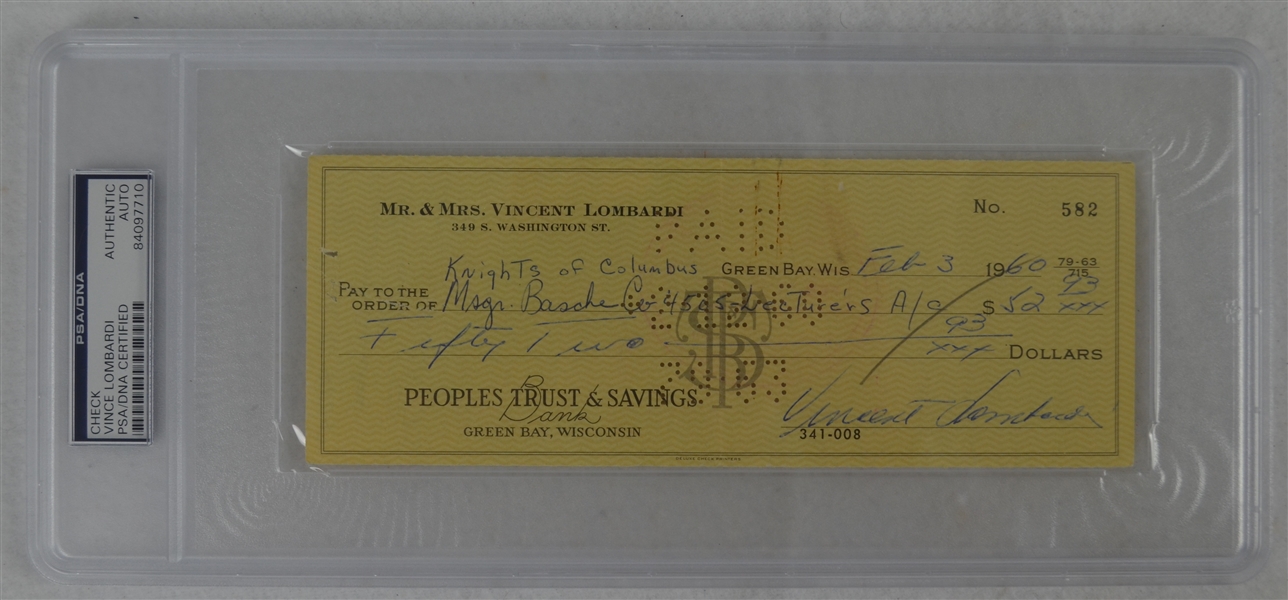 Vince Lombardi Signed Personal Check #582 PSA/DNA Authentic