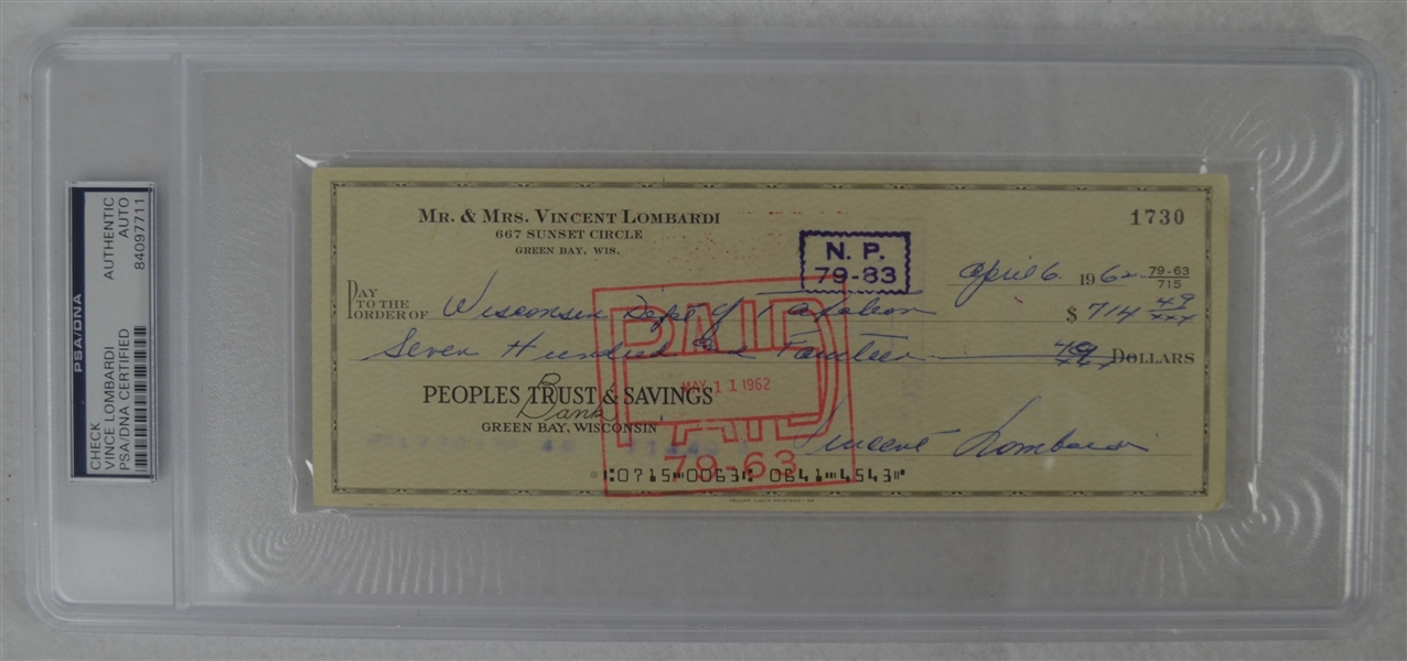 Vince Lombardi Signed Personal Check #1730 PSA/DNA Authentic