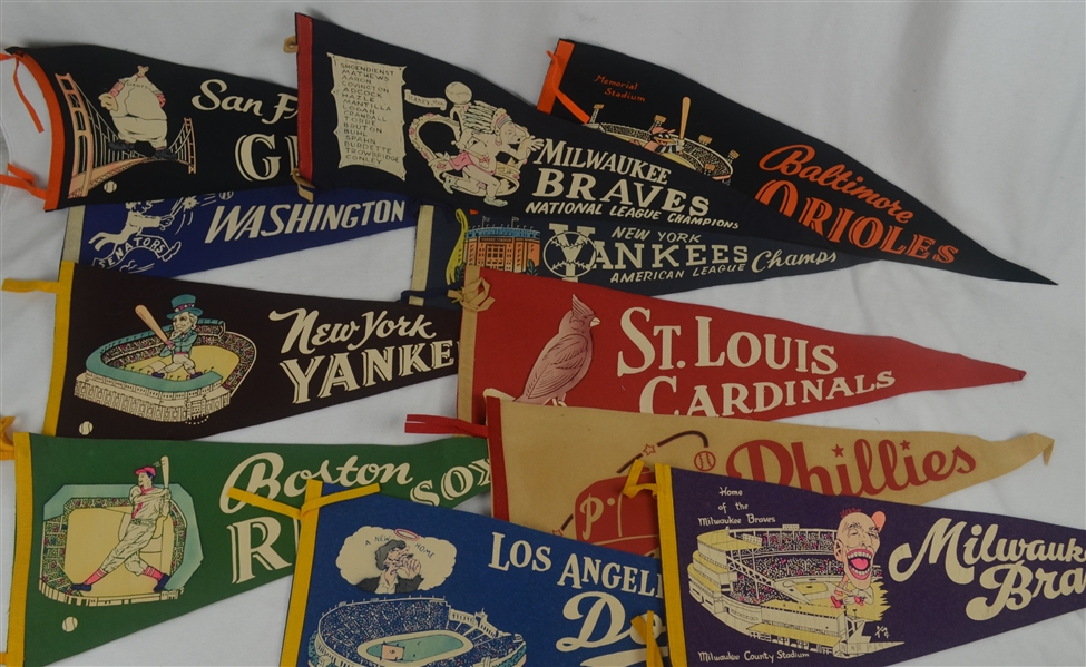 Vintage Lot of 11 Baseball 1950s-1960s Pennants