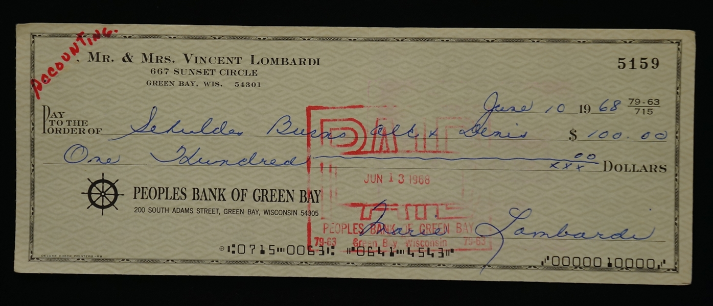 Mrs. Vince Lombardi Signed Check Dated June 10th 1968 