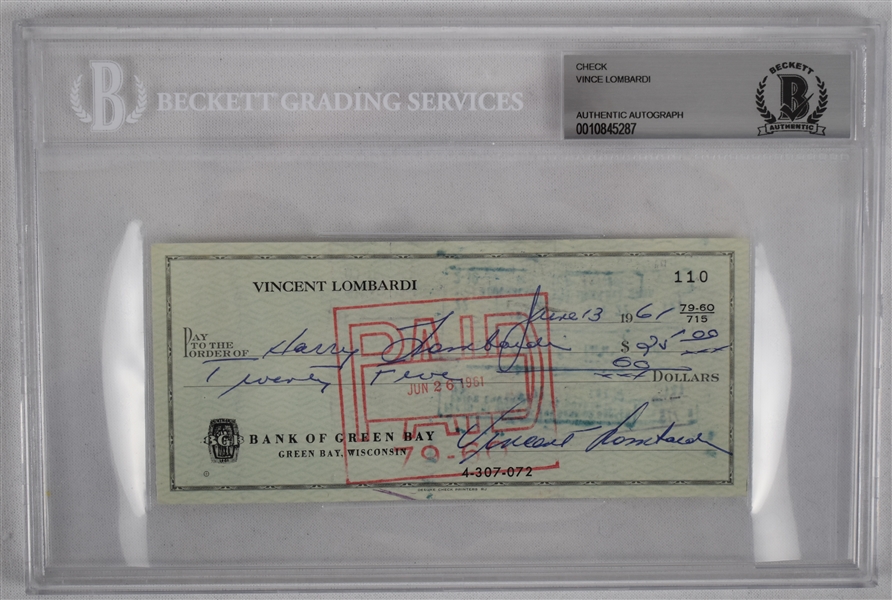 Vince Lombardi Signed 1961 Personal Check #110 BGS Authentic From 1st NFL Championship Season *Twice Signed Lombardi*
