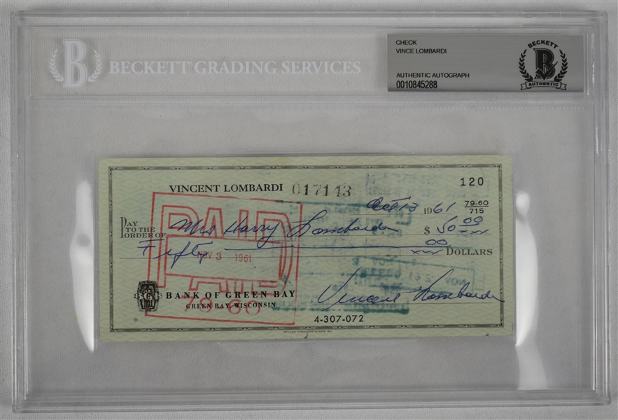 Vince Lombardi Signed 1961 Personal Check #120 BGS Authentic From 1st NFL Championship Season *Twice Signed Lombardi*