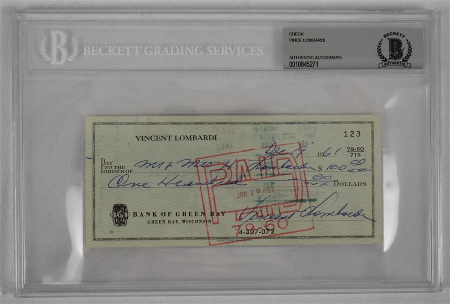 Vince Lombardi Signed 1961 Personal Check #123 BGS Authentic From 1st NFL Championship Season *Twice Signed Lombardi*