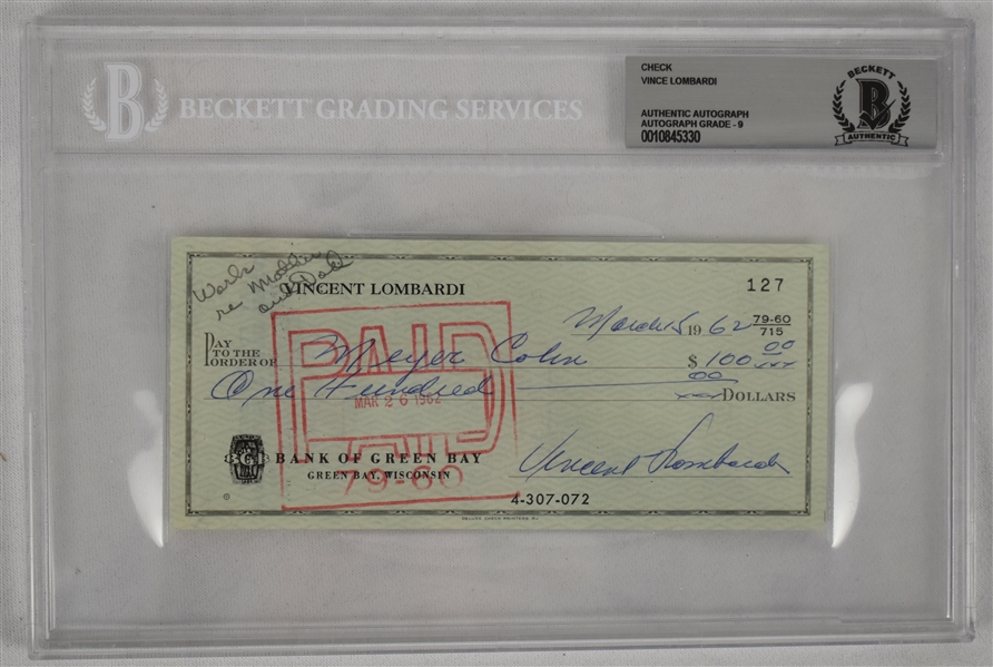 Vince Lombardi Signed 1962 Personal Check #127 BGS Authentic From 2nd NFL Championship Season