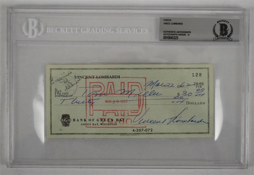 Vince Lombardi Signed 1962 Personal Check #128 BGS Authentic From 2nd NFL Championship Season