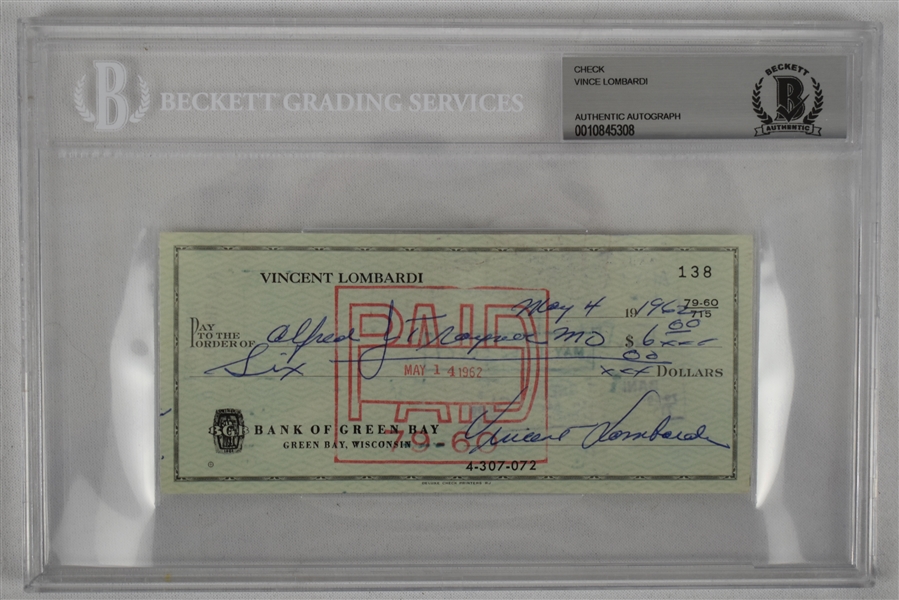 Vince Lombardi Signed 1962 Personal Check #138 BGS Authentic From 2nd NFL Championship Season