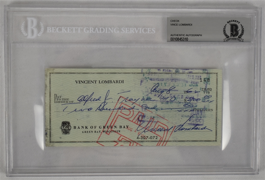 Vince Lombardi Signed 1962 Personal Check #148 BGS Authentic From 2nd NFL Championship Season