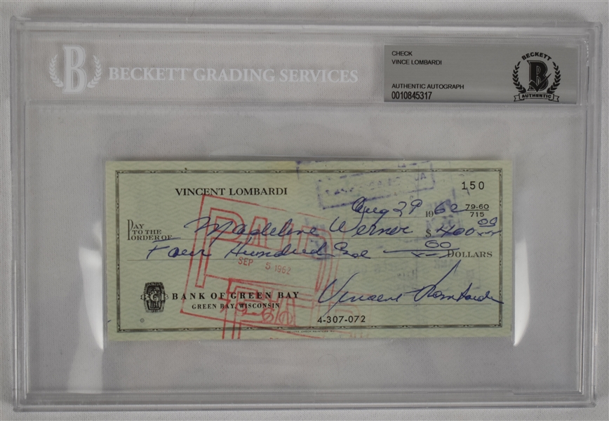 Vince Lombardi Signed 1962 Personal Check #150 BGS Authentic From 2nd NFL Championship Season