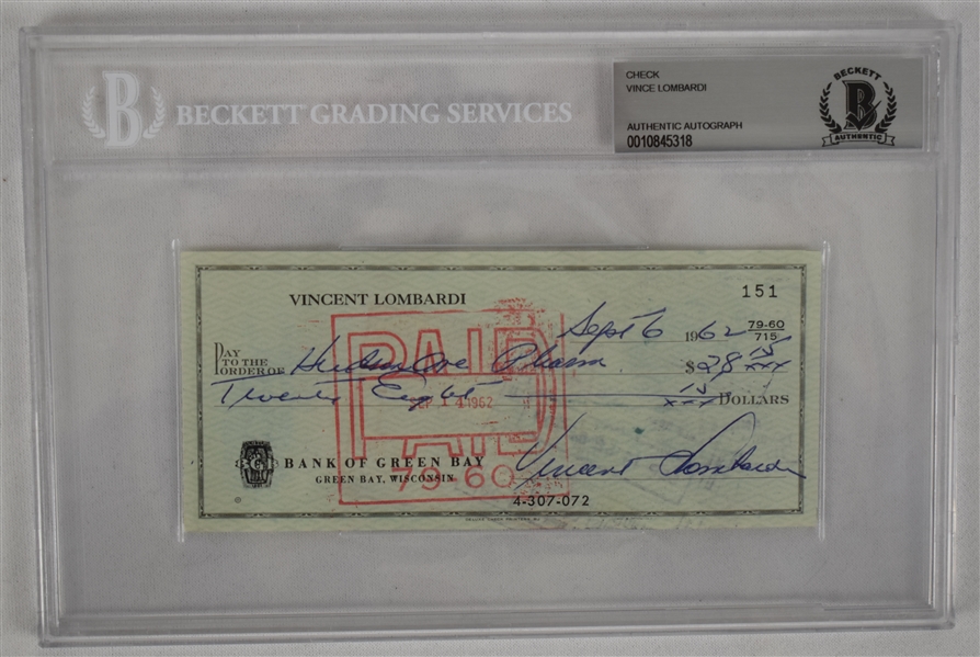 Vince Lombardi Signed 1962 Personal Check #151 BGS Authentic From 2nd NFL Championship Season