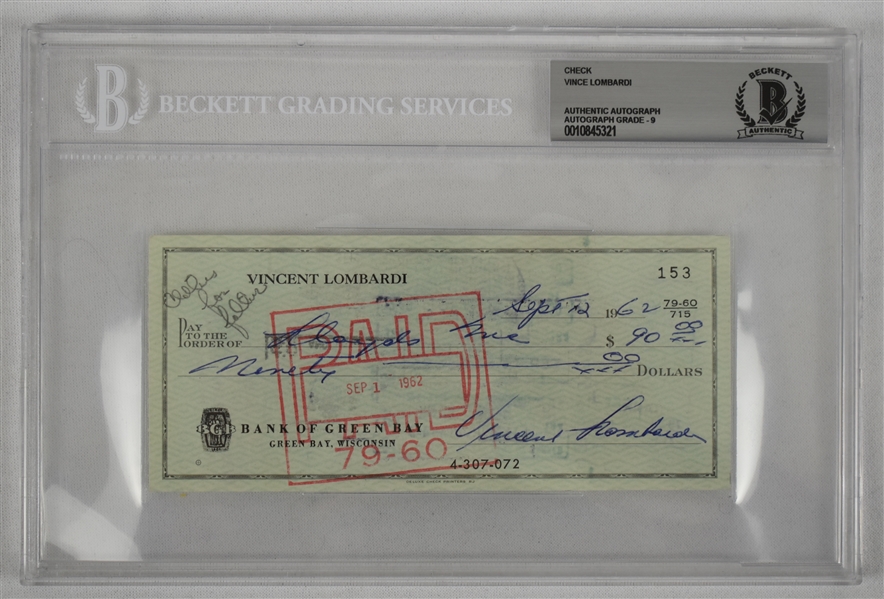 Vince Lombardi Signed 1962 Personal Check #153 BGS Authentic From 2nd NFL Championship Season