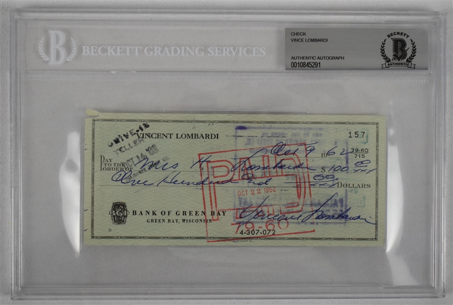 Vince Lombardi Signed 1962 Personal Check #157 BGS Authentic From 2nd NFL Championship Season *Twice Signed Lombardi*
