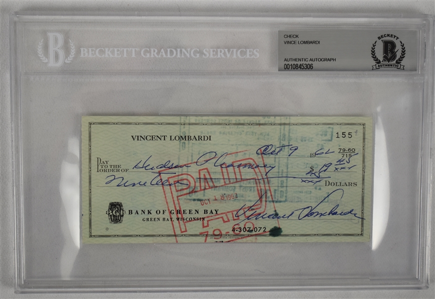 Vince Lombardi Signed 1962 Personal Check #155 BGS Authentic From 2nd NFL Championship Season