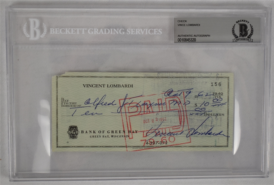 Vince Lombardi Signed 1962 Personal Check #156 BGS Authentic From 2nd NFL Championship Season