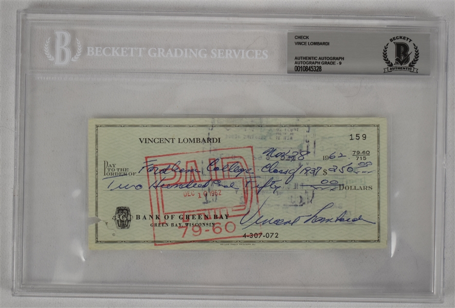Vince Lombardi Signed 1962 Personal Check #159 BGS Authentic From 2nd NFL Championship Season