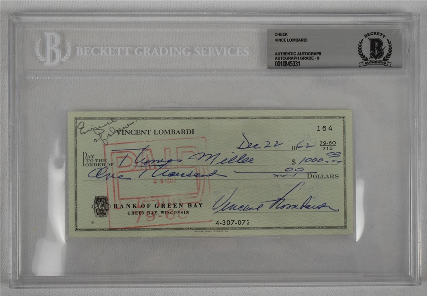 Vince Lombardi Signed 1962 Personal Check #164 BGS Authentic From 2nd NFL Championship Season