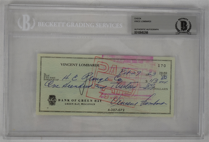 Vince Lombardi Signed 1963 Personal Check #170 BGS Authentic 