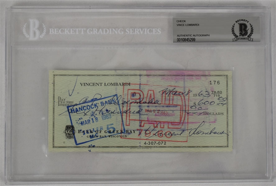 Vince Lombardi Signed 1963 Personal Check #176 BGS Authentic 