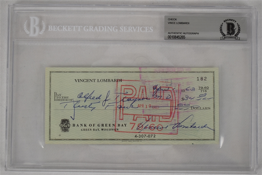 Vince Lombardi Signed 1963 Personal Check #182 BGS Authentic 