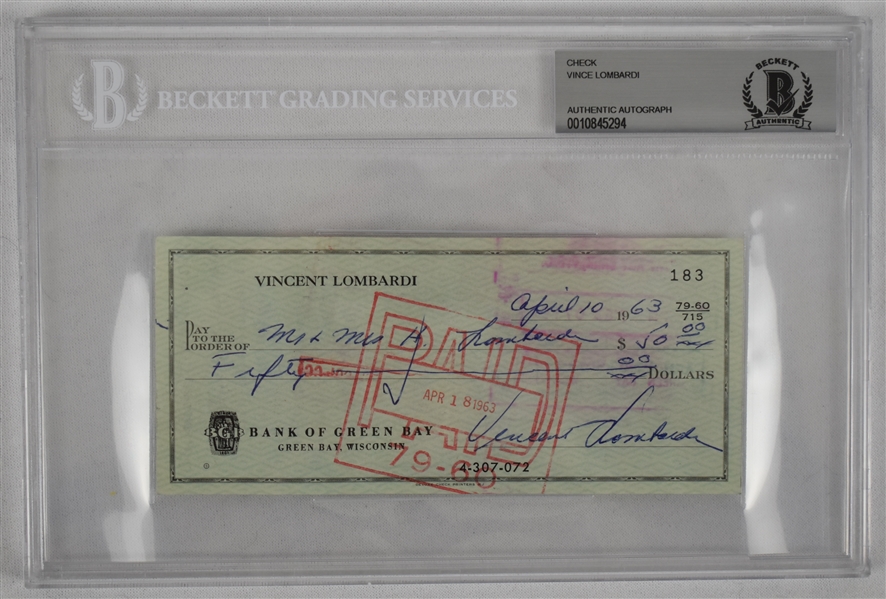 Vince Lombardi Signed 1963 Personal Check #183 BGS Authentic 