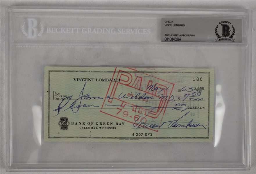 Vince Lombardi Signed 1963 Personal Check #186 BGS Authentic 