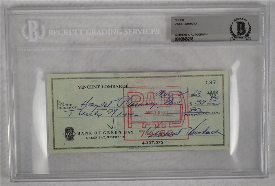 Vince Lombardi Signed 1963 Personal Check #187 BGS Authentic 