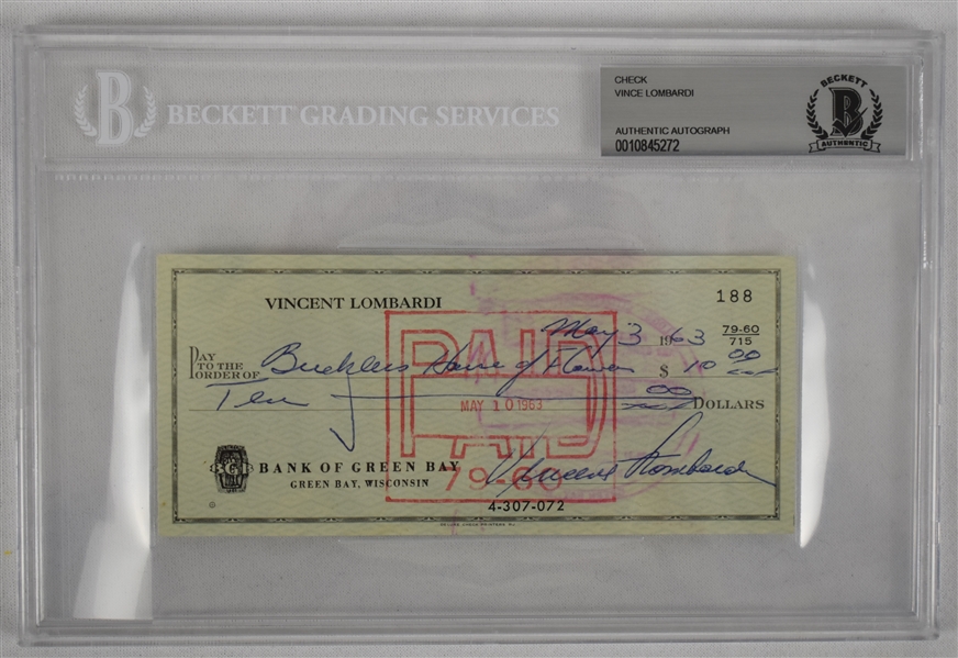 Vince Lombardi Signed 1963 Personal Check #188 BGS Authentic 