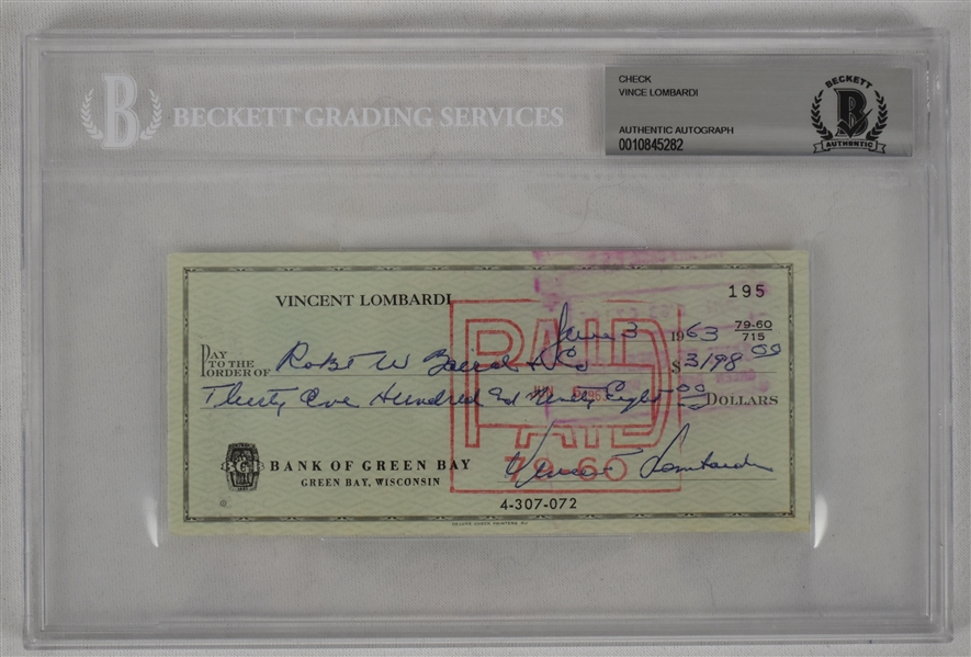 Vince Lombardi Signed 1963 Personal Check #195 BGS Authentic 