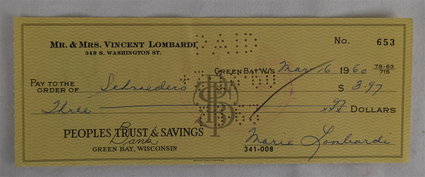 Mrs. Vince Lombardi Signed Check #653 Dated March 16th 1960