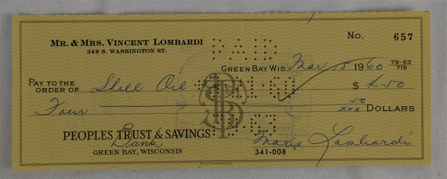 Mrs. Vince Lombardi Signed Check #657 Dated March 15th 1960