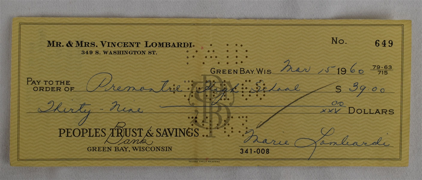 Mrs. Vince Lombardi Signed Check #649 Dated March 15th 1960