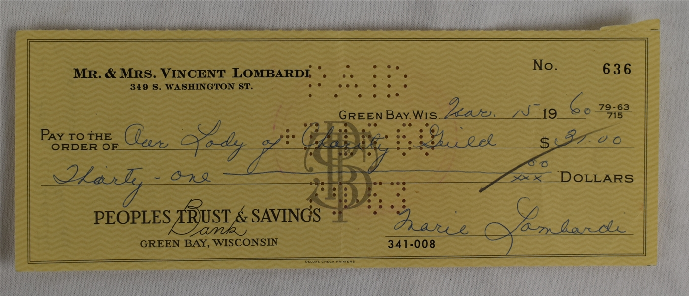 Mrs. Vince Lombardi Signed Check #636 Dated March 15th 1960
