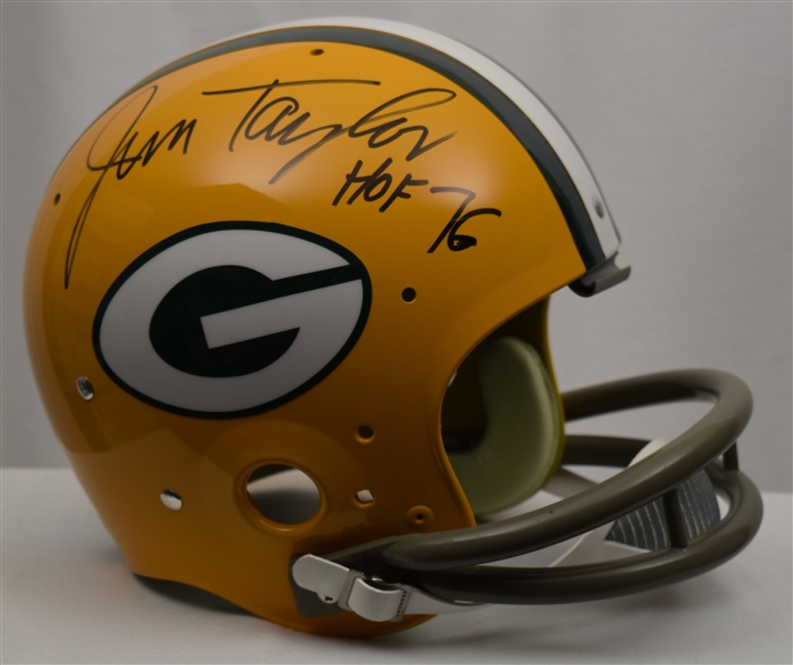 Jim Taylor Autographed & Inscribed Full Size Authentic Green Bay Packers TK Suspension Helmet 