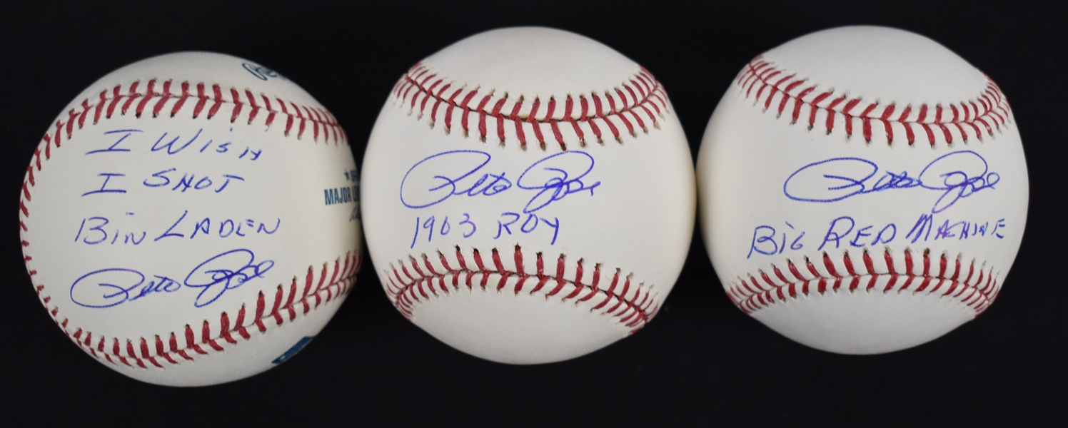 Pete Rose Lot of 3 Autographed & Inscribed Baseballs 