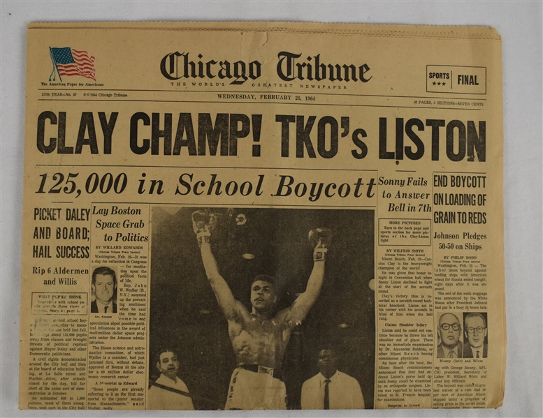 Cassius Clay (Muhammad Ali) Wins Title Over Liston Newspaper